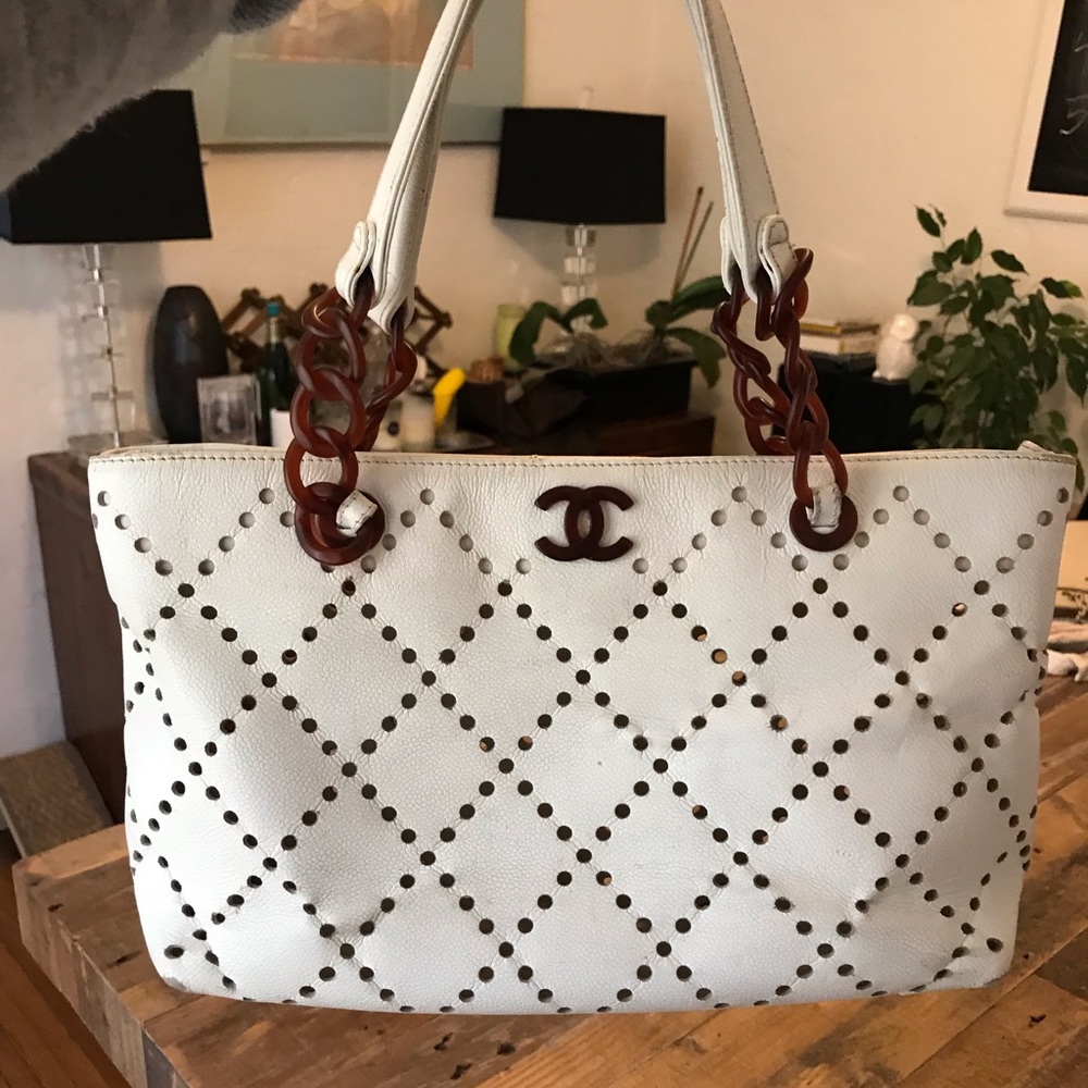 Chanel vintage perforated tote tortoise handles
